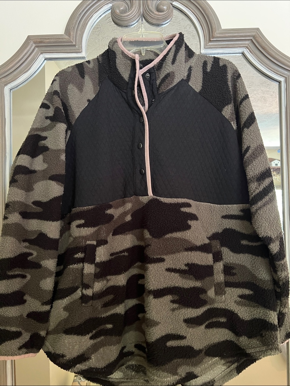 Maurices Olive Green and Black Camo Sherpa Pullover with beige Trim